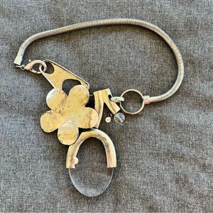 Industrial Silver Tone Avant Garde Necklace With Flower And Large Glass Disc